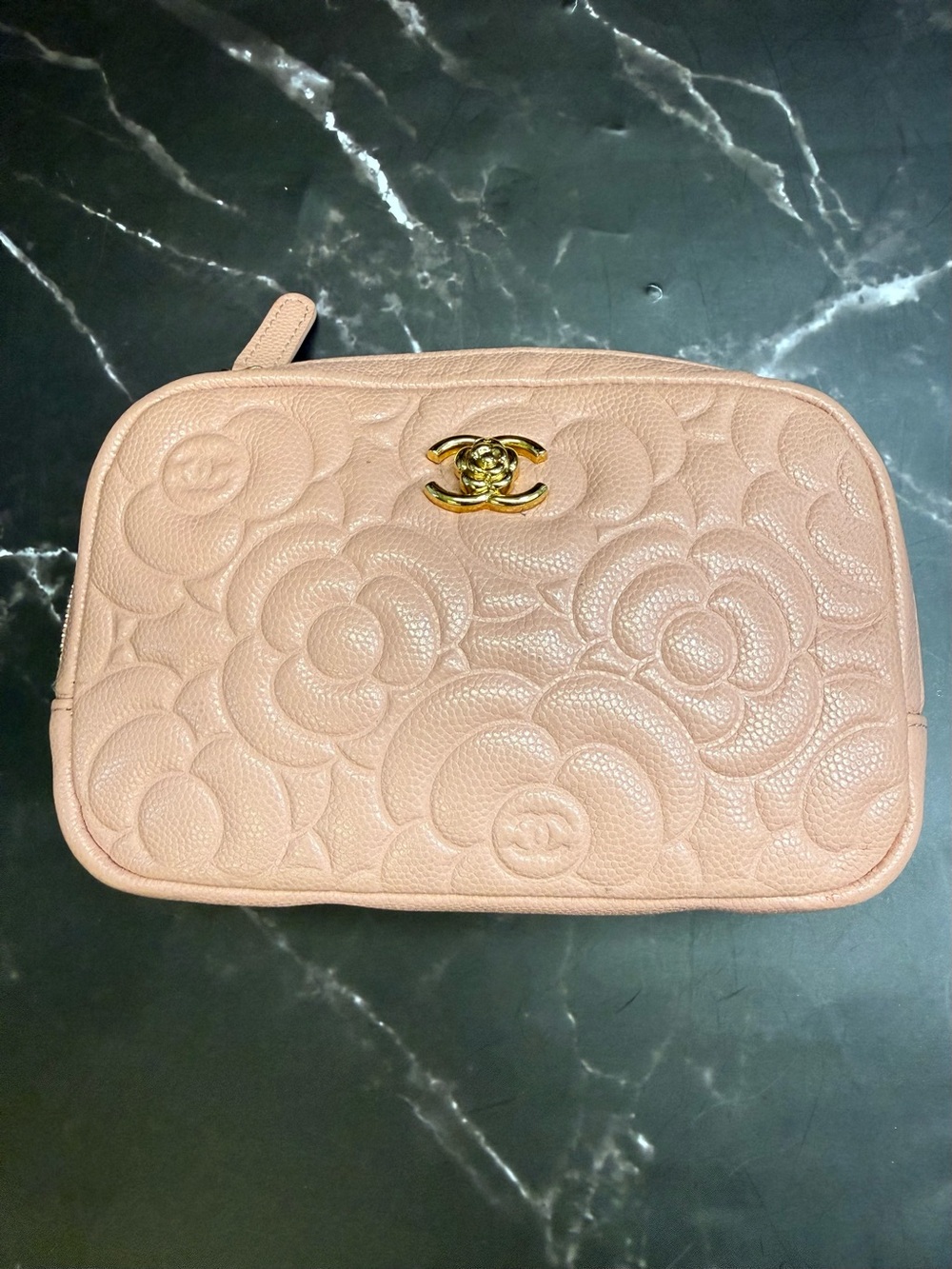 CHANEL Pink Quilted Camellia Leather Zip Pouch with Gold CC